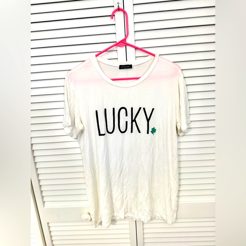 White 'Lucky' Graphic T-Shirt Size L